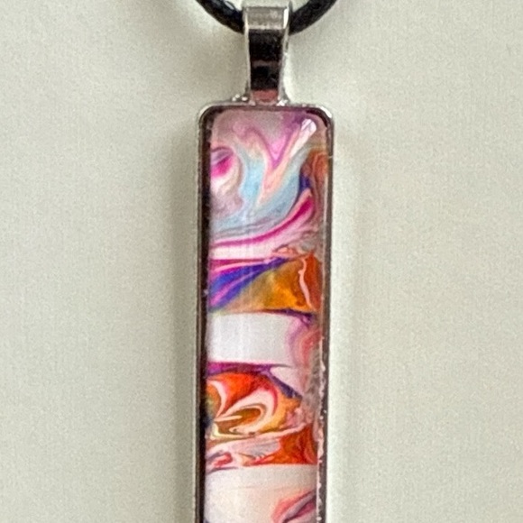 Handmade Abstract Fluid Art Bar Necklace Pink Orange White by Svetlana Yeung - Picture 5 of 9